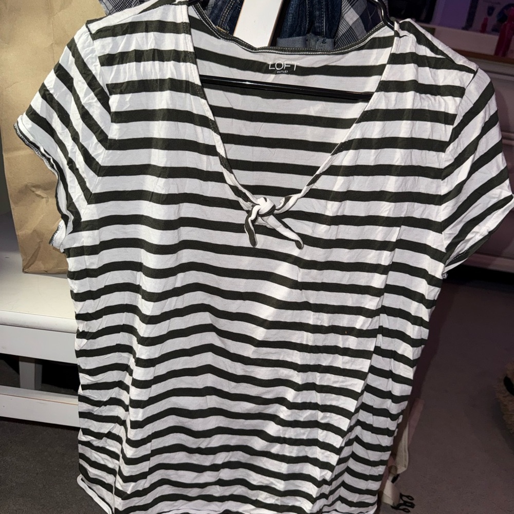 LOFT Striped Dark Green and White Short Sleeve Tee